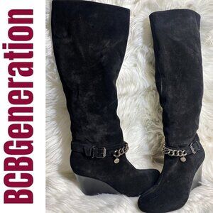 BCBGeneration Merryl Black Genuine Suede Tall Wedge Chain Link Boots, Size 9‎